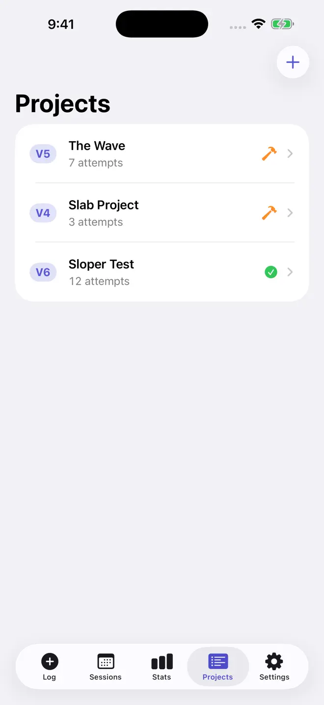 Sendtick's Projects screen: three projects with their grades and attempt
                      counts, one of them marked sent.
